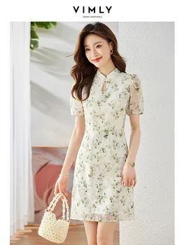Vimly 2023, летнее Китайское мини-платье Ципао с зеленым цветочным принтом, с коротким рукавом и воротником-стойкой, платья из органзы