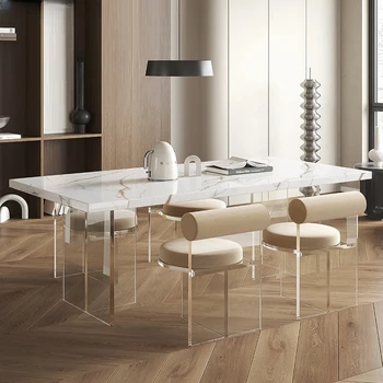 Кухонный обеденный стол и стулья из итальянской каменной плиты с прозрачным акриловым плавающим основанием, Стол, стулья, мебель