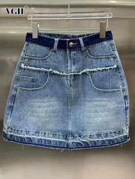 VGH Необработанный подол, джинсовая мини-юбка в стиле пэчворк с карманами, джинсовая мини-юбка для женщин, Высокая талия, Темпераментные юбки трапециевидной формы, женская модная одежда