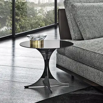 Итальянский неоклассический круглый обеденный стол из серебристого металла, минималистичный журнальный столик из нержавеющей стали