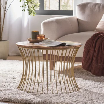 Круглый журнальный столик из дерева и железа, Золото, Мебель, Мебель для гостиной, простой и современный журнальный столик из дерева