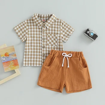 FOCUSNORM/ Комплекты джентльменской одежды для младенцев от 0 до 3 лет для маленьких мальчиков, однобортные рубашки с короткими рукавами и принтом в клетку, 2 шт. + Однотонные шорты