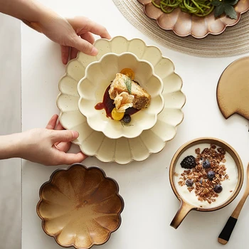 AhunderJiaz Ретро коричневая керамическая тарелка в западном стиле, чашка для завтрака в форме цветка, тарелка для завтрака, набор домашней посуды