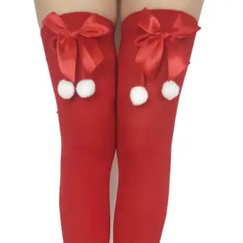 Рождественские чулки с плюшевым шариком и бантиком, женские эластичные чулки выше колена, Рождественские чулки для косплея