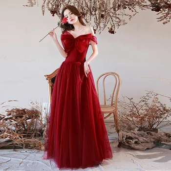 Бордовое Длинное вечернее платье с милым большим бантом, модный спагетти-ремень Abiti Da Cerimonia Da Sera, Простое платье, когда-либо красивое