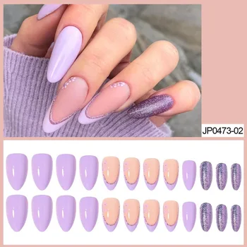 Трансграничная светло-фиолетовая минималистичная блестящая пудра, двойной французский стиль, наращивание ногтей, готовые накладные ногти, пластыри для ногтей