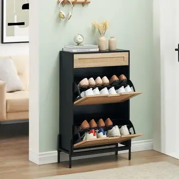 Шкаф для обуви из натурального ротанга с 2 откидными дверцами, Двухъярусный шкаф для хранения обуви, отдельно стоящая стойка для обуви для прихожей дома