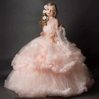 Платья для девочек в цветочек, розовые пышные оборки, многоуровневый тюль без рукавов для свадебной вечеринки, банкета на День рождения, платья принцессы
