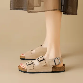 2023 Летние Сандалии из натуральной кожи Женская обувь Фирменного дизайна на платформе с винтажной пряжкой Мягкие удобные пляжные сандалии
