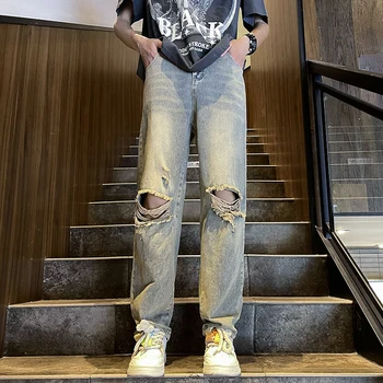Рваные джинсы до колена в американском стиле, мужские Ретро-желтые грязевые брюки, Летние Повседневные Свободные Прямые брюки для улицы, мужская одежда