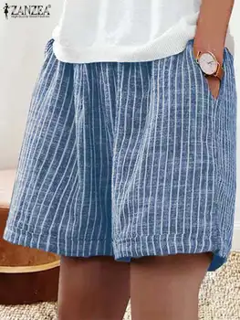 Летние шорты ZANZEA в полоску, женские повседневные мешковатые пляжные брюки с карманами на эластичном поясе, Короткие брюки, Широкие спортивные шорты Pantalon