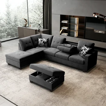 Серый бархатный раскладной секционный диван с раскладным столиком, портами для зарядки, подстаканниками, пуфиком для хранения и подушками