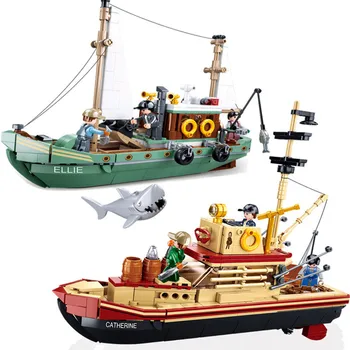 Городская рыболовная лодка, Модель Траловой лодки, Набор строительных блоков, Пиратский корабль, Морской рыбак, Фигурки белой Акулы, игрушки MOC С наклейками