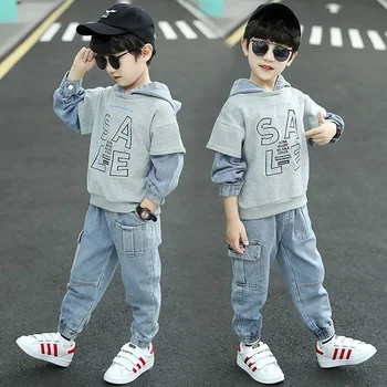 2023 Весенне-осенний новый джинсовый комплект для мальчиков, сезон для детей среднего и старшего возраста, красивая и модная корейская детская одежда