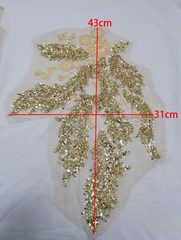 31x43 см Золотые кружевные нашивки, вышитые тяжелым бисером на ткани, Аппликация для украшения свадебного платья