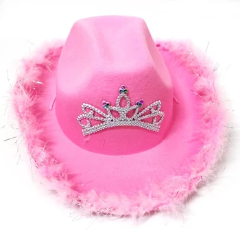 Розовая ковбойская шляпа с короной, Женская ковбойская шляпа в стиле Вестерн, Край из перьев, Блестящие блестки, Тиара, Ковбойские шляпы, Фетровые шляпы для вечеринок