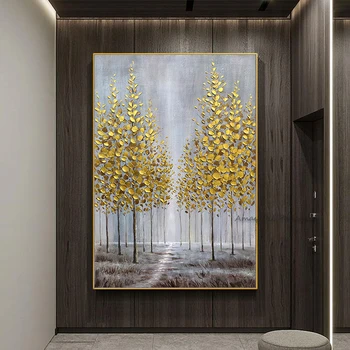 Ручная роспись Денежного дерева Маслом На холсте, современный абстрактный Золотой пейзаж, настенное искусство для гостиной, домашний декор