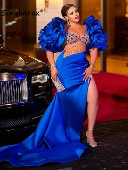 Элегантные вечерние платья Королевской синей Африканской русалки в Нигерийском стиле с пышными рукавами, платья для выпускного вечера, большие размеры, кристаллы, халат на шнуровке