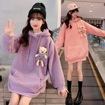 Толстовки с капюшоном для девочек, осень-зима 2023, шерстяное пальто, плюшевый утолщенный теплый свободный топ, пуловер с 3D милым мишкой в корейском стиле от 5 до 12 лет