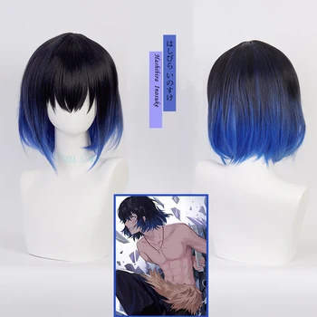 Аниме Demon Slayer Hashibira Iike Косплей Парик Черно-синий С короткими волосами Yaiba Train Mugen Heat Синтетические Волосы Для взрослых