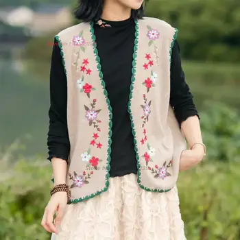 2023 женский этнический короткий жилет винтажный полый вязаный крючком жилет без рукавов tang suit hanfu топы с национальной цветочной вышивкой жилет