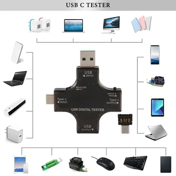2 в 1 Тип C USB Тестер Цветной Экран ЖК-Цифровой Мультиметр, USB C Напряжение Ток Вольтметр Ампер Вольтметр Детектор