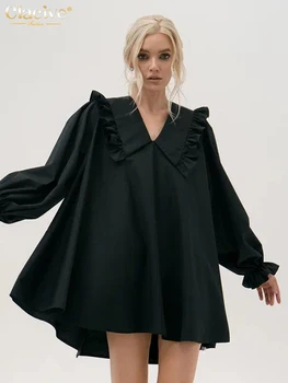 Элегантное модное Свободное черное женское платье 2023, Элегантные мини-платья с отворотом и длинным рукавом, уличная одежда, Классическое женское платье с оборками.