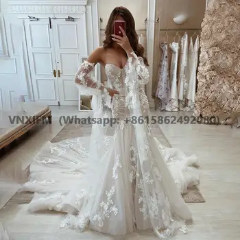Сексуальное свадебное платье русалки телесного цвета со съемными длинными рукавами, платья для женщин 2023, элегантное высококачественное
