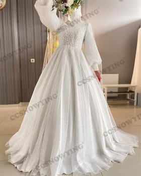 Мусульманское свадебное платье из органзы с жемчугом для невесты, Арабское свадебное платье с длинным рукавом, хиджаб с высоким воротом, халат для свадьбы
