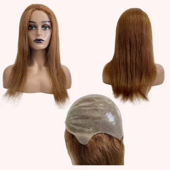 Монгольские натуральные человеческие волосы светло-коричневого цвета 6 # Полный парик из искусственной кожи, силиконовая шапочка для женщин