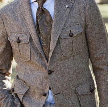 Мужской повседневный блейзер с коричневым рисунком в елочку, цельнокроеный пиджак с приталенным однобортным пальто, мужской модный костюм
