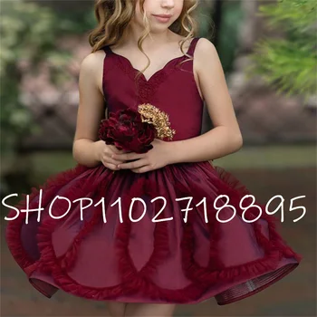 Бордовая аппликация, V-образный вырез, платья для девочек в цветочек, Свадебная складка, кружевное платье на бретельках для первого причастия, детское праздничное бальное платье