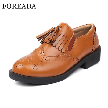 FOREADA / Женские лоферы-лодочки на платформе с круглым носком, на толстом низком каблуке, с кисточками, Женская модная повседневная обувь, Весна-осень, Черный, коричневый 46 г.