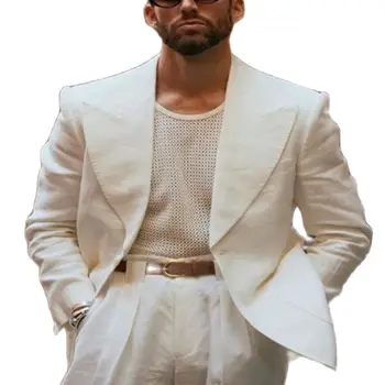 Новое поступление, мужские костюмы, приталенный Белый льняной мужской костюм, Блейзеры, брюки, 2 предмета, официальные деловые Свадебные смокинги для жениха