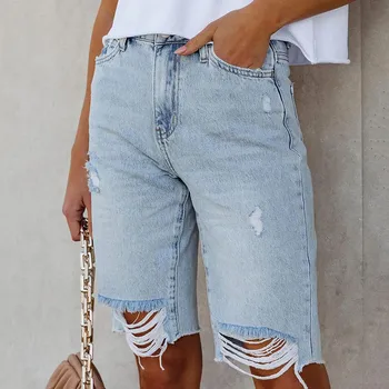 Джинсовые шорты больших размеров, женские летние прямые джинсы с высокой талией, длиной до колен, с широкими штанинами, женские повседневные рваные джинсовые шорты с дырками