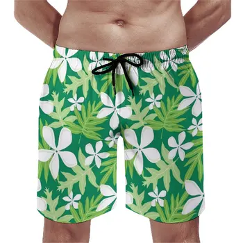 Пляжные шорты с тропическим цветочным рисунком, Винтажные пляжные плавки с принтом зеленых листьев, мужские удобные спортивные шорты большого размера