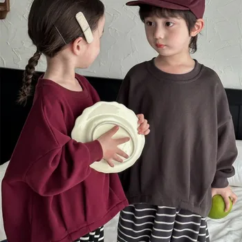 Детская толстовка с капюшоном, весна-осень, однотонный хлопок, круглый вырез, длинный рукав, для мальчиков и девочек, детский свободный пуловер с длинными рукавами
