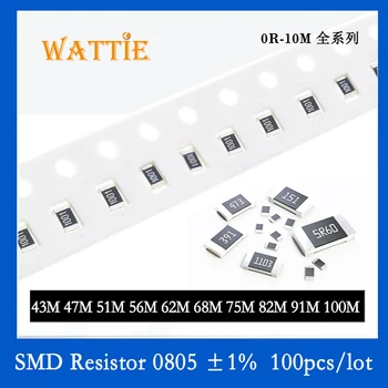 SMD резистор 0805 1% 5% 43M 47M 51M 56M 62M 68M 75M 82M 91M 100M 100 шт./лот микросхемные резисторы 1/10 Вт 2.0 мм * 1.2 мм высокой мегомности