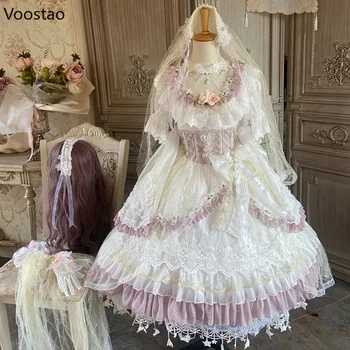 Японское винтажное платье принцессы Лолиты Victoria Женское Элегантное платье с цветочным бутоном из шелковой сетки для вечеринки, свадебное платье для девочек