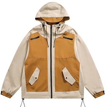 Мужская куртка хитового цвета в стиле пэчворк с капюшоном, водонепроницаемое пальто на молнии для спорта на открытом воздухе, винтажный поддельный топ из двух свободных курток