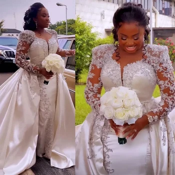 Свадебные платья Русалки, Африканское Нигерийское свадебное платье, Верхняя юбка с длинными рукавами, Кружевная аппликация, Вышитый бисером шлейф, Пляжная страна Плюс