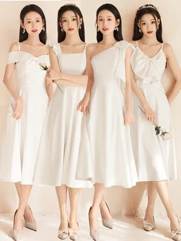 Белое платье подружки невесты 2023 Новое летнее атласное вечернее платье для группы сестер, платье подружек, платье с бантом, платье подружки невесты