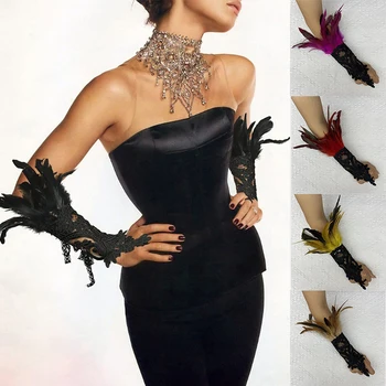 Кружевная перчатка из перьев на Хэллоуин, перчатки в готическом стиле Лолиты, перьевой ремешок для косплея, Варежки без пальцев, женские аксессуары для выпускного вечера