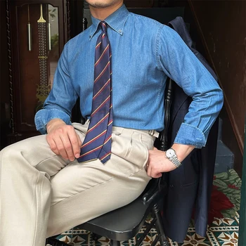 Джинсовая рубашка британского джентльмена, повседневная рубашка мелкой буржуазии в стиле ретро с длинными рукавами, дышащая мужская рубашка из шелкового хлопка M-3XL