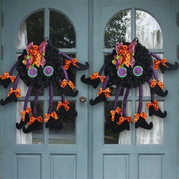 Венок на Хэллоуин для входной двери, венки-пауки с венком ведьмы на ножках для внутреннего и наружного домашнего террора, реквизит для декора Хэллоуина 2023