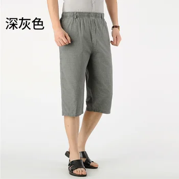 Летние мужские брюки Хлопчатобумажные льняные шорты Прямая труба с высокой талией Свободные повседневные брюки