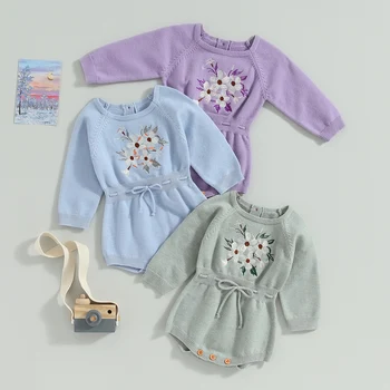Для мамы и ребенка 0-24 м, Зимний осенний комбинезон для маленьких девочек, вязаный комбинезон с цветочной вышивкой для новорожденных девочек, теплая одежда D06