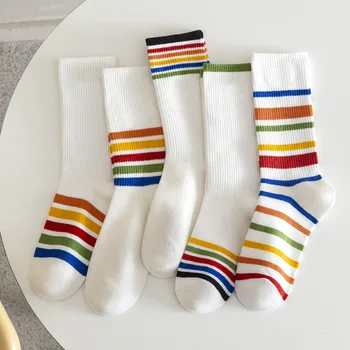 Новые женские носки Rainbow с длинным рукавом в модную полоску, Корейское издание, осенне-зимние носки средней длины в стиле Academy