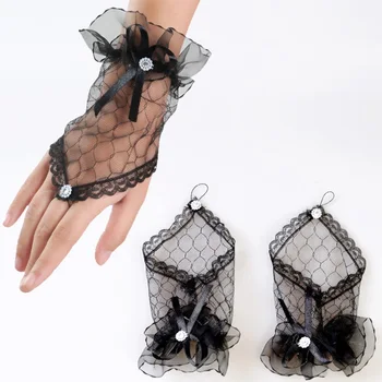 кружевные перчатки с манжетами на запястьях в стиле Лолиты, короткий абзац, белые кружевные варежки со стразами, женщины-невесты