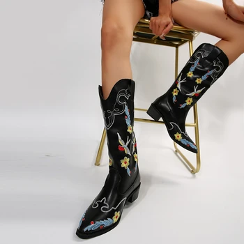 Осень-зима 2023, Ковбойские сапоги с цветочной вышивкой, Модный дизайн, Женские ботинки в западном стиле на толстом каблуке с квадратным носком, Botas Para Mujer